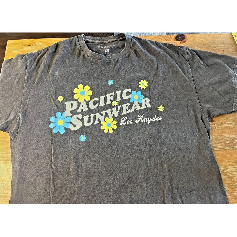 Pacific Sunwear T-Shirt Retro 1960s 60s Graphic Flowers Hippie Gray Size L